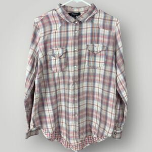 RILEY + JAMES 100% Cotton Pink and Purple Plaid Snap Button Down Shirt | XL